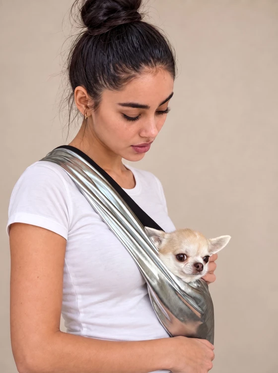 Chihuahua w srebrnym nosidle dla małego psa.
