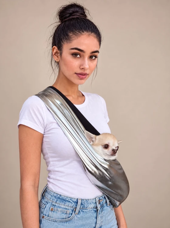 Mały pies w nosidle na ramię Sisi Dog Couture.