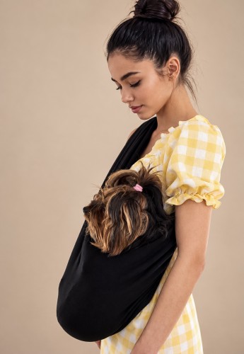 Yorkshire terrier w brązowym nosidle dla małego psa.