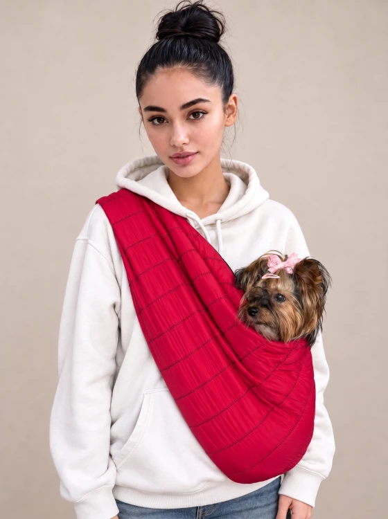 Yorkshire terrier w czerwonym pikowanym nosidle na ramię.