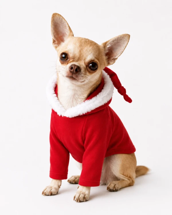 Chihuahua w świątecznej bluzeczce Mikołaja