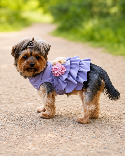 Yorkshire terrier w eleganckiej lawendowej sukience.