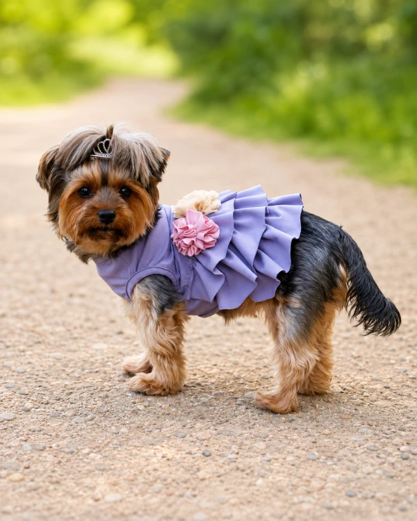 Yorkshire terrier w eleganckiej lawendowej sukience.